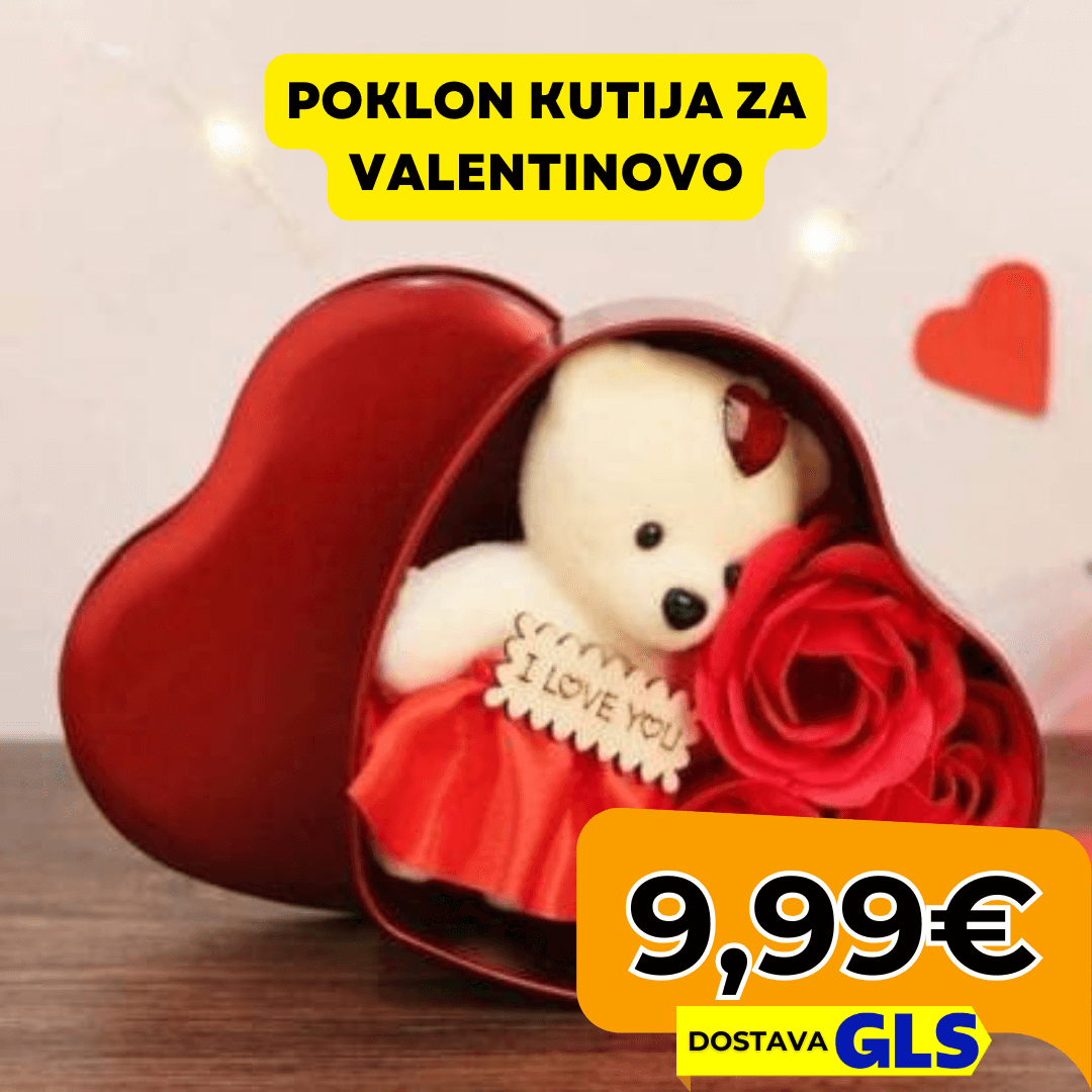 Romantična poklon kutija u obliku srca s plišanim medvjedićem i ružama - Predobro.hr