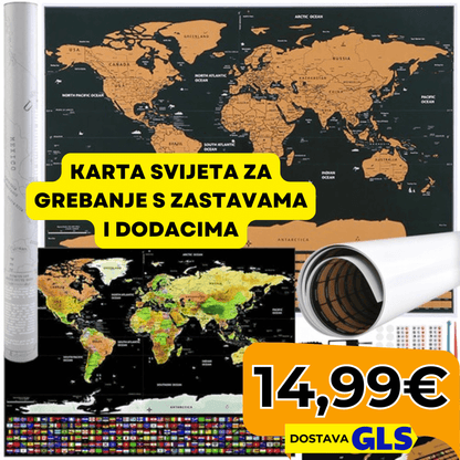 Karta svijeta za grebanje s zastavama i dodacima - Predobro.hr