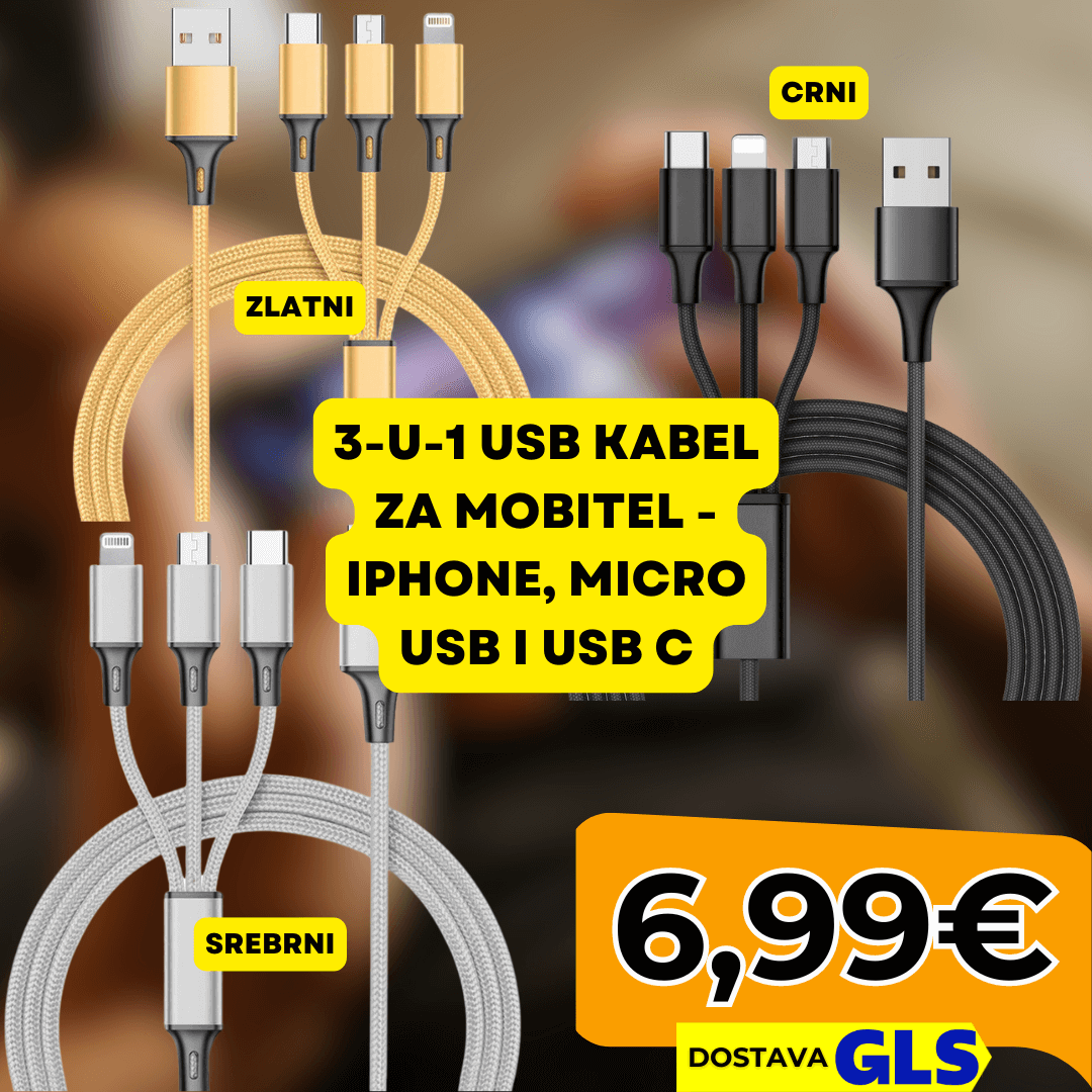 3-u-1 USB Kabel za Mobitel - iPhone, Micro USB i USB C - Predobro.hr