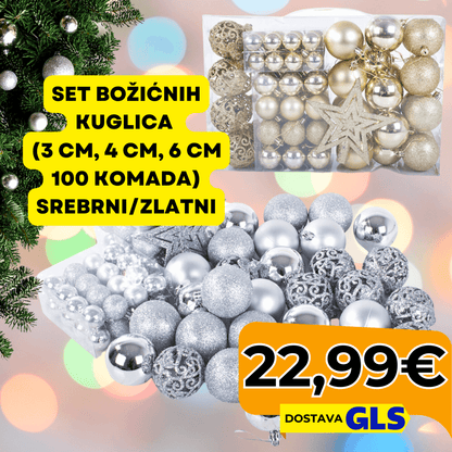 Set božićnih kuglica (3 cm, 4 cm, 6 cm – 100 komada)