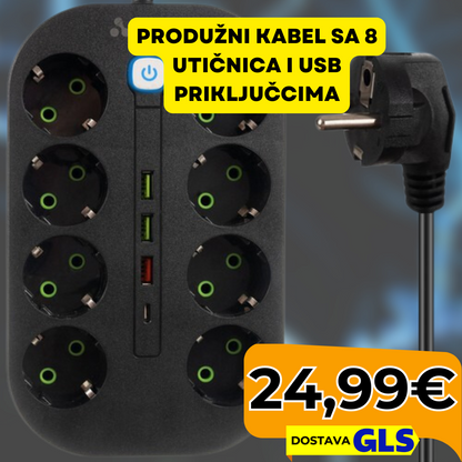 Produžni Kabel sa 8 utičnica i USB priključcima - Predobro.hr